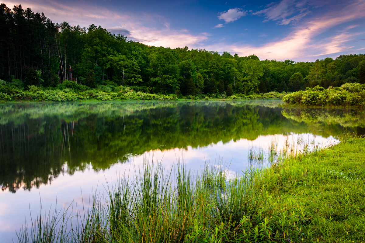 A view of the Delaware Water Gap with the sun setting