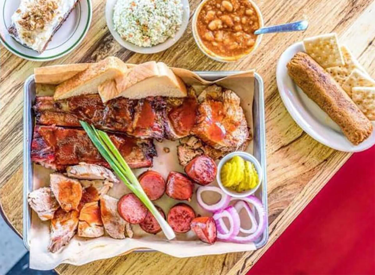 plate of barbecue with pickled veggies