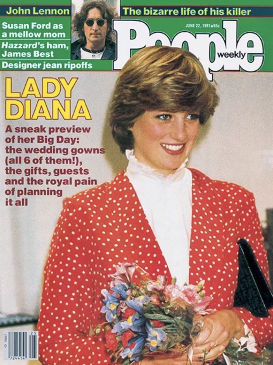 Princes Diana wearing a red jacket with white polka dots and a white turtle neck on the cover of People