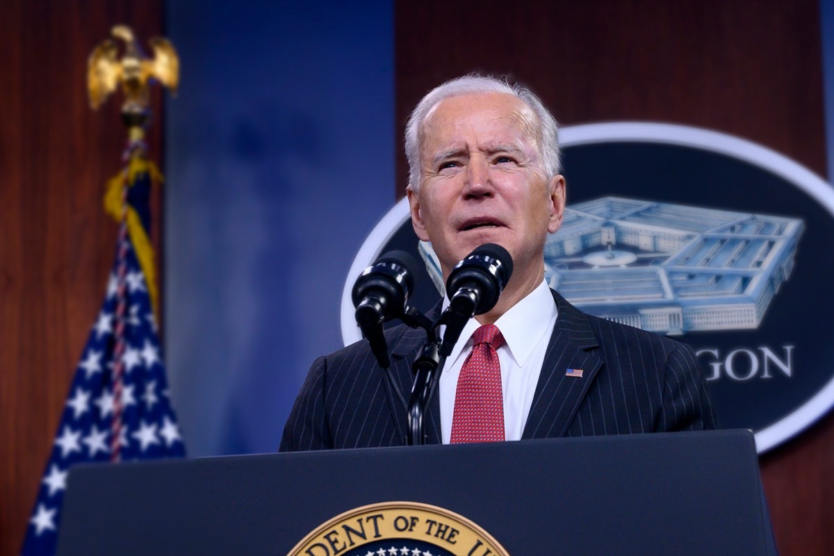 Washington DC, USA - FEBRUARY 10 2021: President Joe Biden delivers remarks to Department of Defense personnel, with Vice President Kamala Harris and Secretary of Defense Lloyd J. Austin III